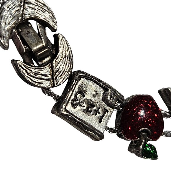 Vintage Teacher Themed Charm Bracelet Red Glitter Apples Books School Supplies - Picture 2 of 4
